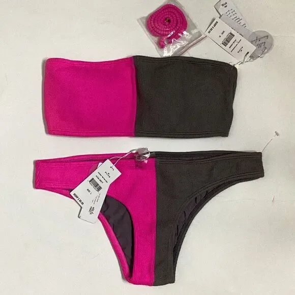 New. Pilyq teeny pink and gray bikini set. M/L. Retails $178